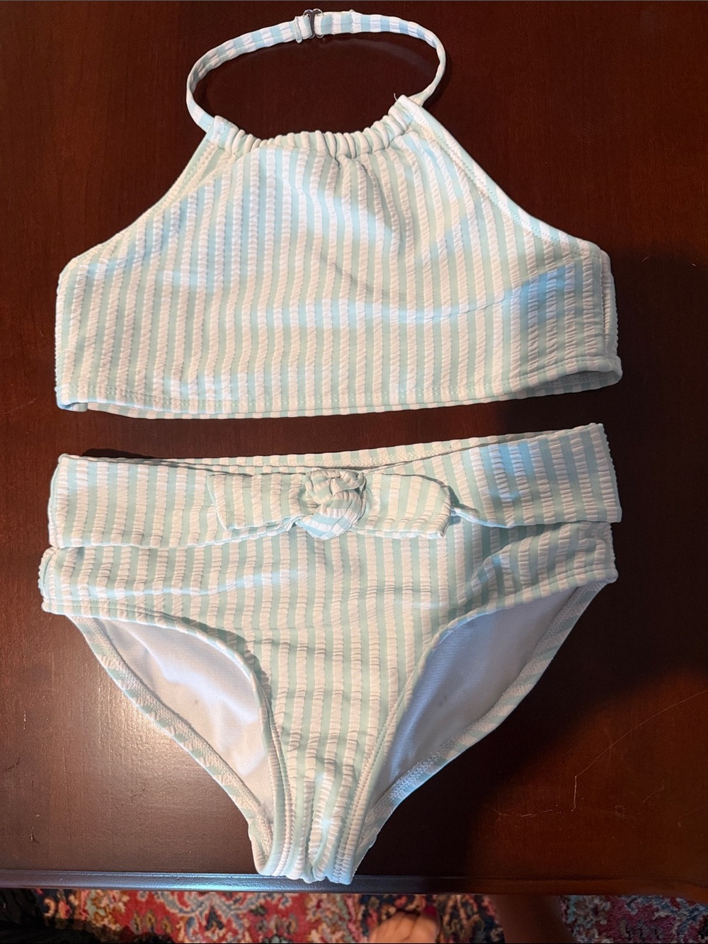 Girls' Light Blue Seersucker Stripe High-Neck Halter Top Bow Bikini Set M 7/8